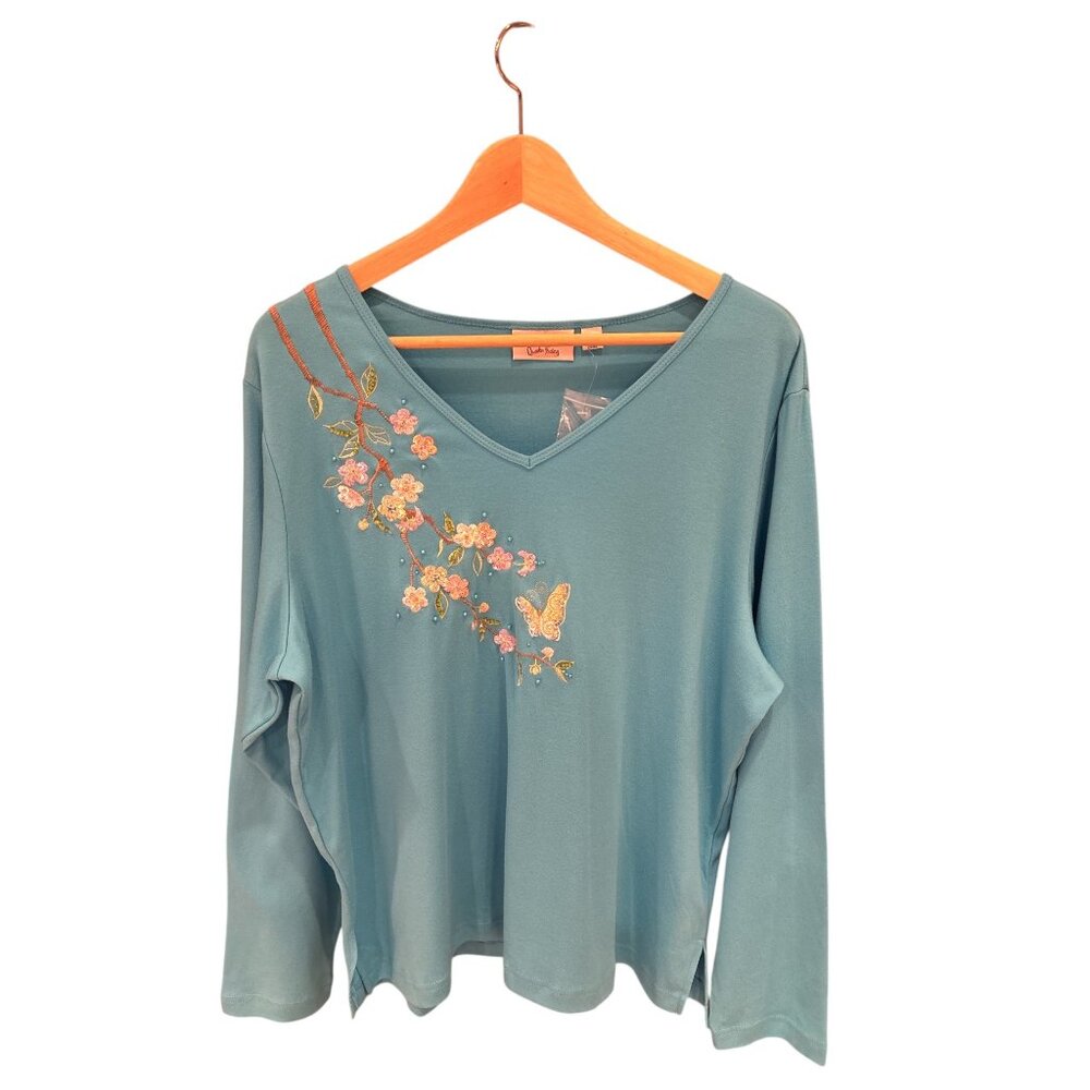 Quacker Factory Womens XL Teal Long Sleeve Top With Floral Embroidery 100% Cotto